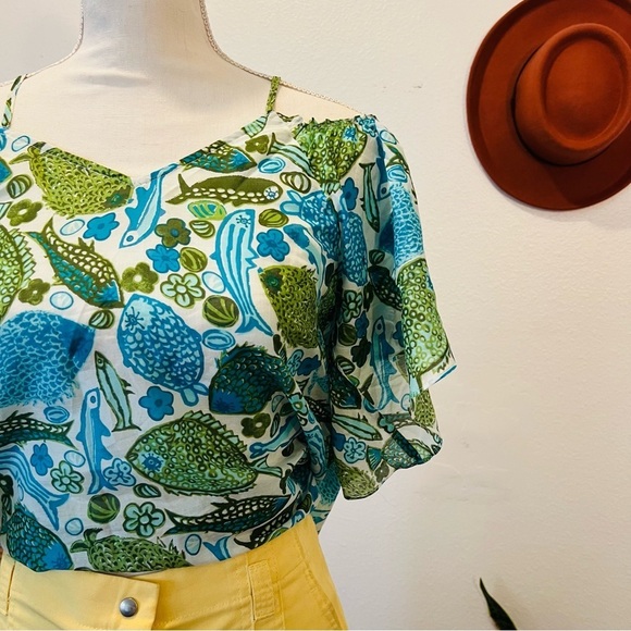 Anthropologie Vanessa Virginia Silk Fish Print Off Shoulder Blouse - Picture 12 of 12
